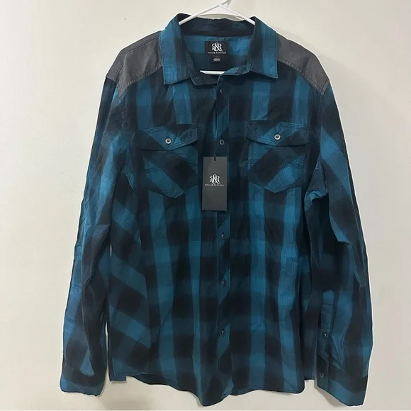 Rock & Republic Blue & Black Plaid “Western Style” Snap Down Shirt Size XL NWT - Picture 1 of 10